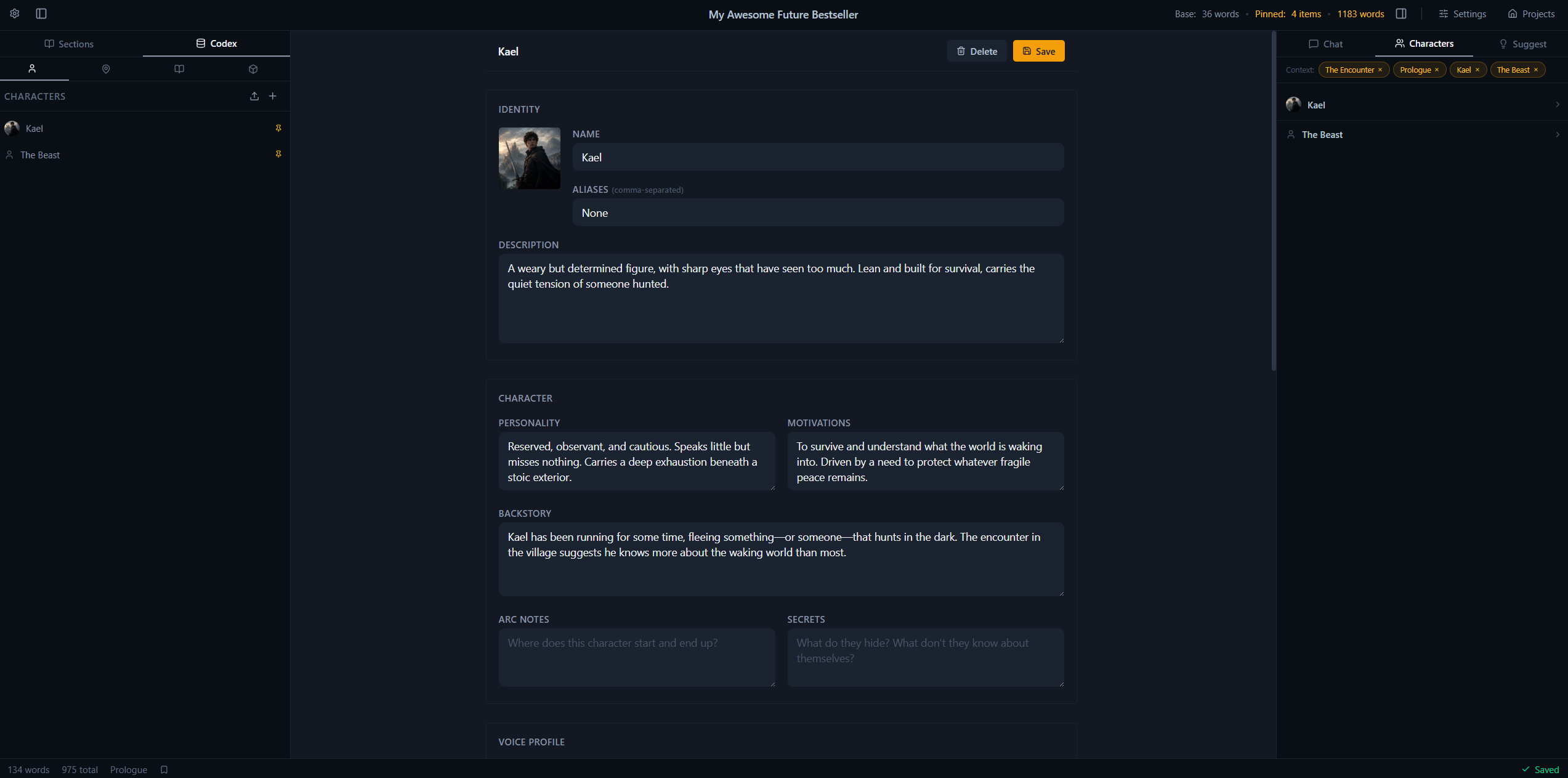 A character profile in the Codex, with personality, backstory, and voice profile fields.