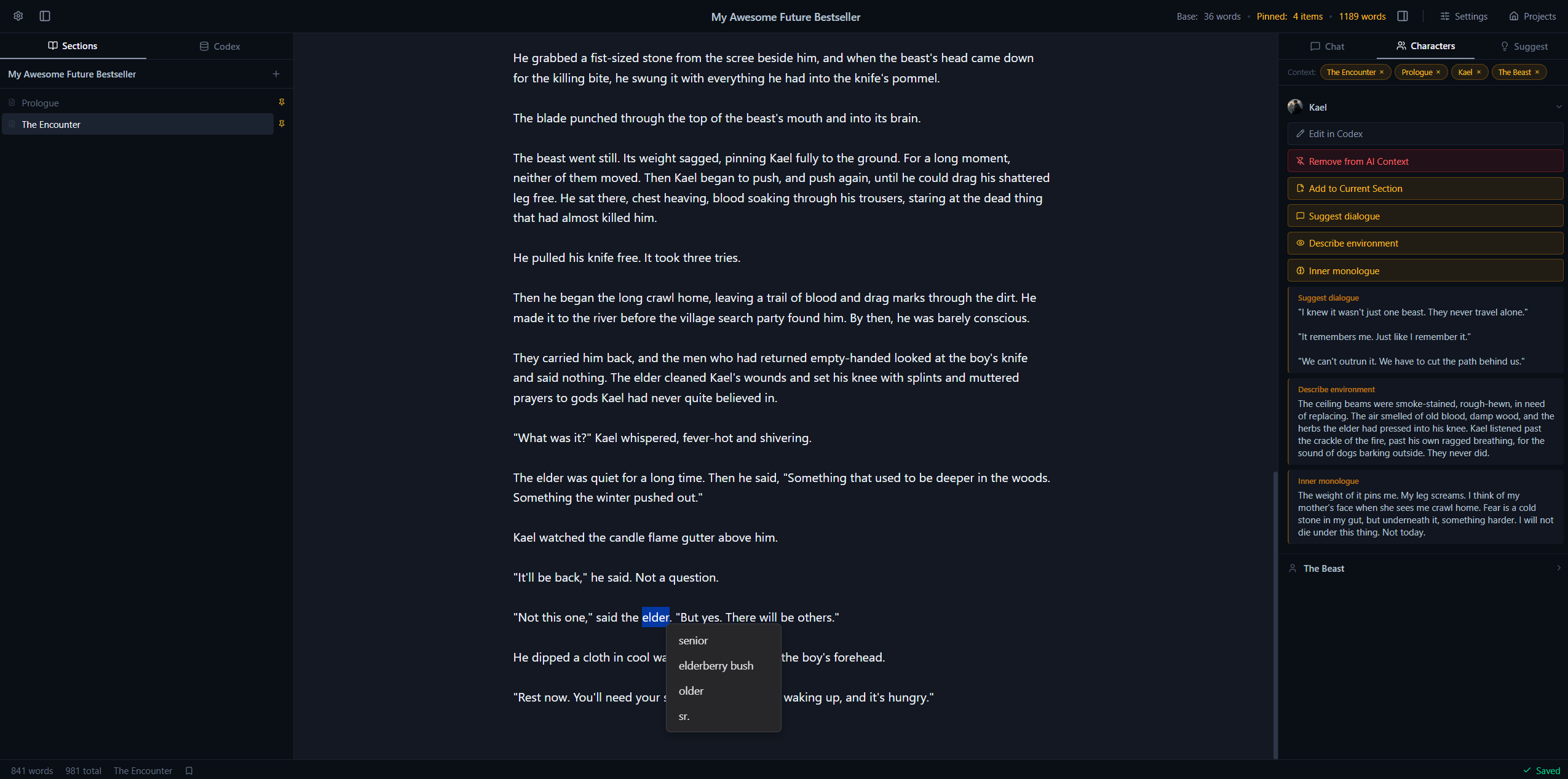 The Characters panel suggesting dialogue, environment, and inner monologue for a character, with the synonyms popover open in the manuscript.