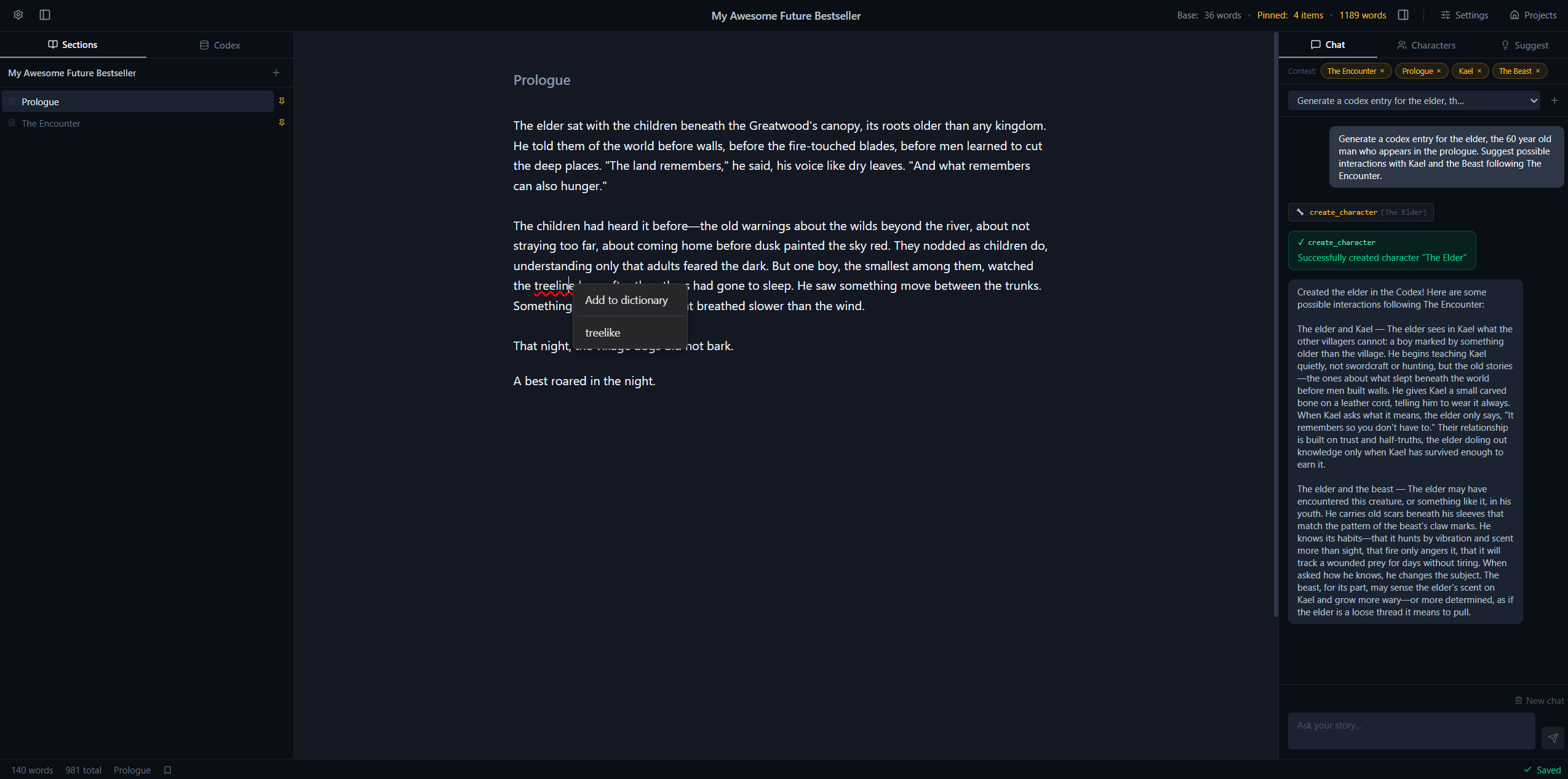 The Musawrite editor: sections on the left, the manuscript in the center, the AI workshop on the right.