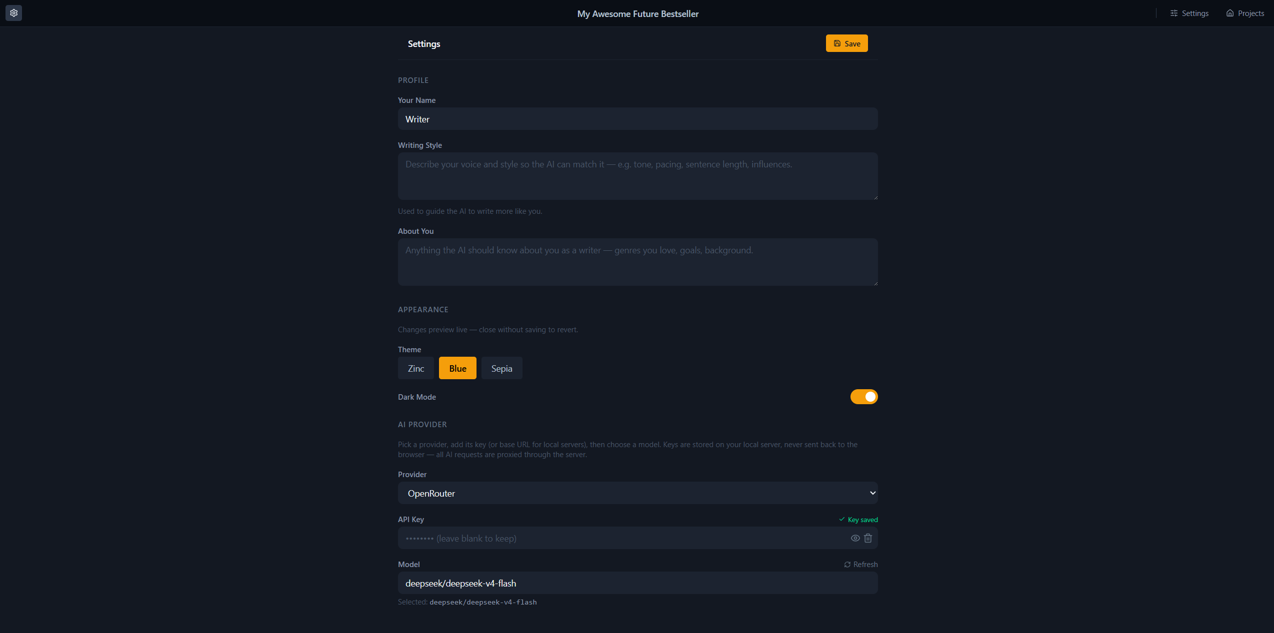 Global Settings: profile, appearance themes, and AI provider configuration with a bring-your-own-key field and model picker.